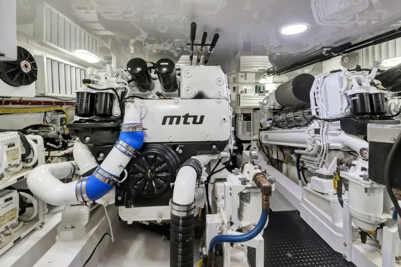 Desparado Yacht Photos Pics Engine room of 2019 Viking 68 Convertible yacht with MTU engines.