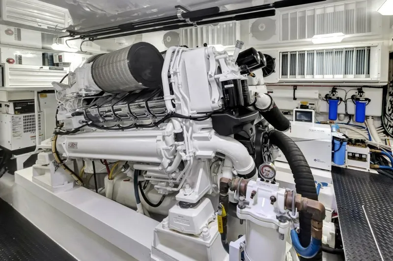 Desparado Yacht Photos Pics Engine room of 2019 Viking 68 Convertible yacht, showcasing advanced machinery and equipment.