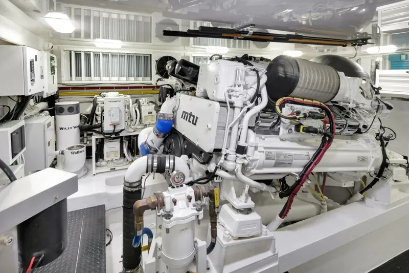 Desparado Yacht Photos Pics Engine room of 2019 Viking 68 Convertible yacht with MTU machinery and equipment.