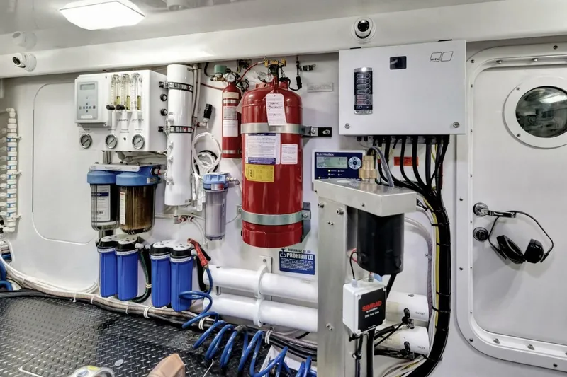 Desparado Yacht Photos Pics Engine room of 2019 Viking 68 Convertible yacht with fire suppression system and filtration units.