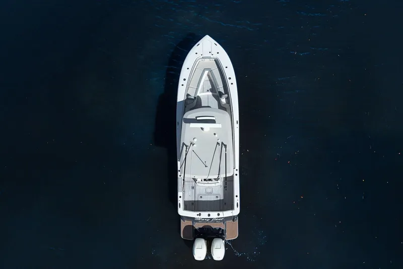  Yacht Photos Pics Aerial view of 2019 Scout 320 LXF boat on dark water.