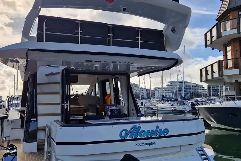Alouise Yacht Photos Pics 2022 Galeon 460 Fly yacht docked in a marina, Southampton.