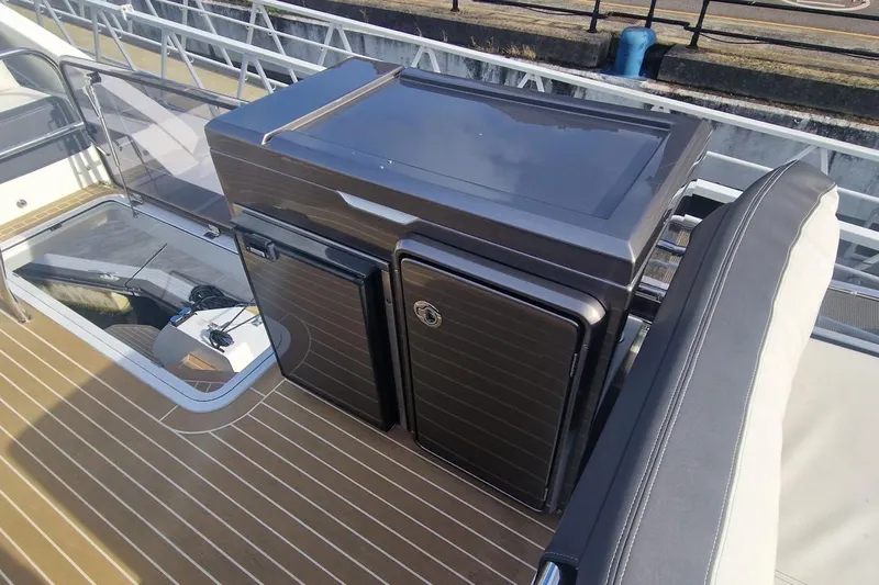 Alouise Yacht Photos Pics 2022 Galeon 460 Fly yacht deck with sleek outdoor kitchen and seating area.