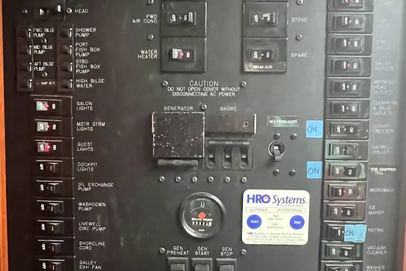  Yacht Photos Pics Electrical control panel of a 1999 Ocean Yachts 48 Express boat.