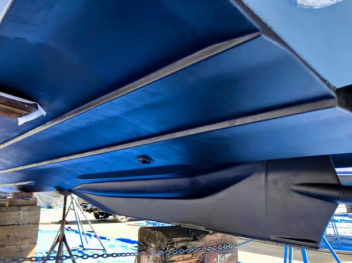  Yacht Photos Pics Bottom view of 2020 Ranger Tugs R-29 boat hull in dry dock.