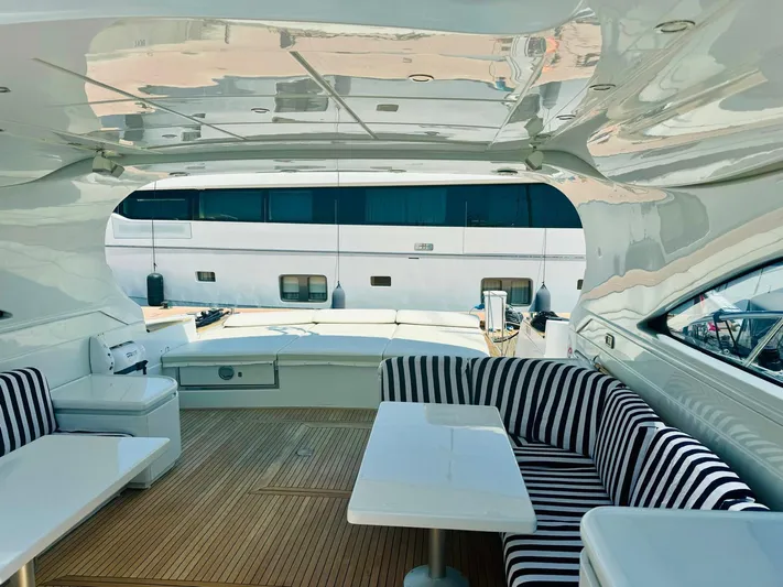  Yacht Photos Pics Luxurious 2006 Rizzardi 73 yacht interior with striped seating and sleek design.