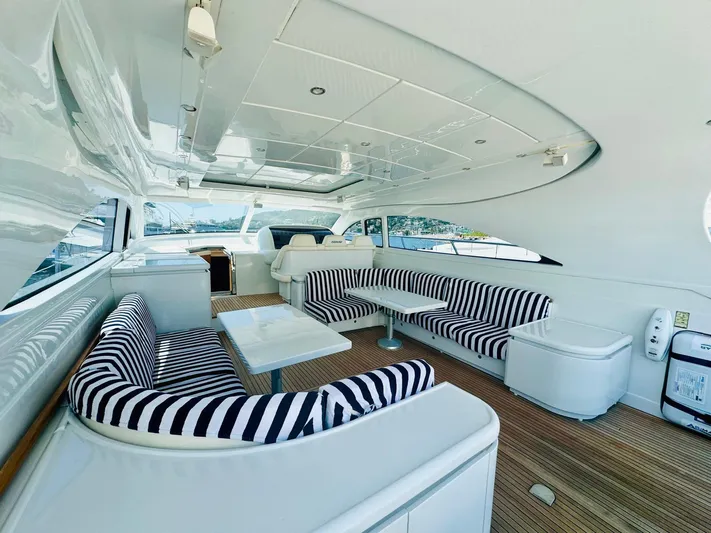  Yacht Photos Pics Luxurious 2006 Rizzardi 73 yacht interior with striped seating and elegant design.