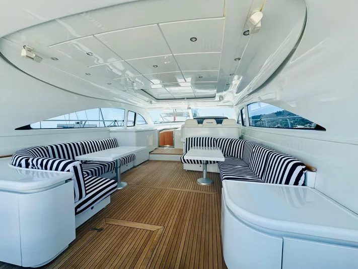  Yacht Photos Pics Luxurious 2006 Rizzardi 73 yacht interior with striped seating and sleek wooden flooring.