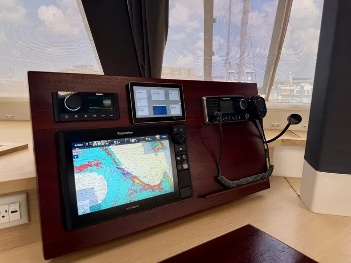 Confetti Yacht Photos Pics Navigation panel of 2016 Fountaine Pajot SABA 50 catamaran with Raymarine equipment.