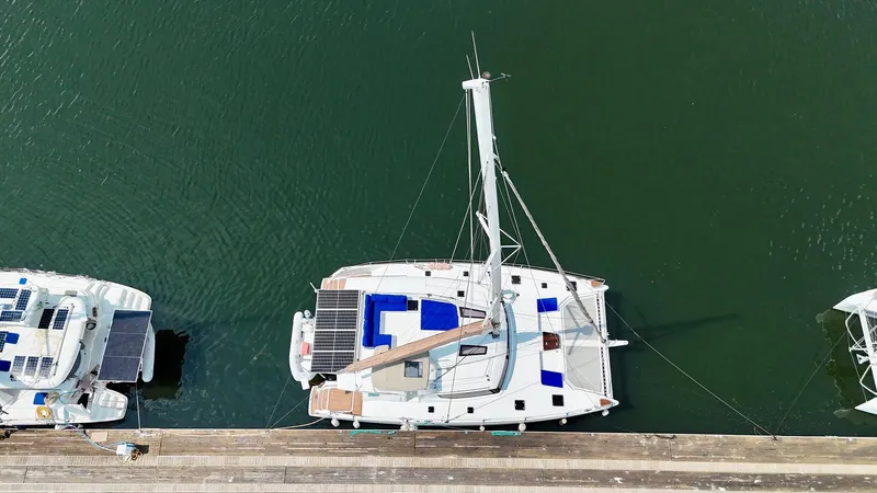 Confetti Yacht Photos Pics Aerial view of 2016 Fountaine Pajot SABA 50 catamaran docked at marina.