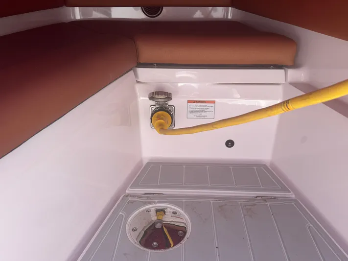  Yacht Photos Pics Interior of 2022 Axopar 28 T-top Aft Cabin with Brabus Trim, featuring electrical connection.