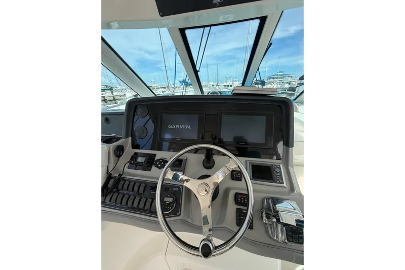  Yacht Photos Pics Helm of 2012 Boston Whaler 345 Conquest with Garmin navigation system.