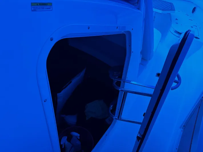  Yacht Photos Pics 2016 Boston Whaler 350 Outrage cabin entrance, blue lighting, open hatch.