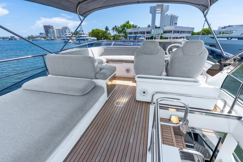  Yacht Photos Pics Luxurious 2019 Azimut S7 yacht deck with seating, overlooking marina and cityscape.