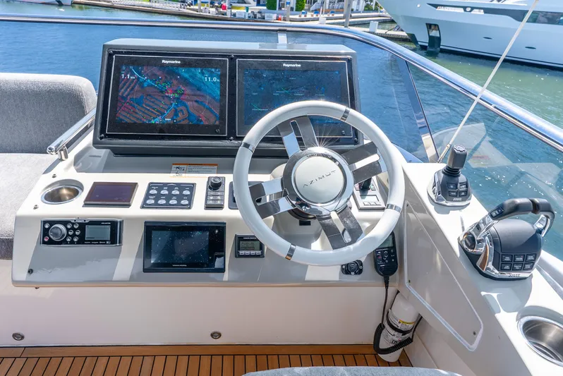  Yacht Photos Pics Cockpit of 2019 Azimut S7 yacht with advanced navigation systems and controls.