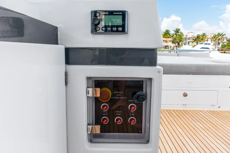 Yacht Photos Pics Control panel on 2019 Azimut S7 yacht deck, featuring switches and display.