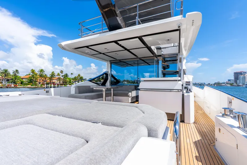  Yacht Photos Pics 2019 Azimut S7 yacht with spacious deck, luxurious seating, and scenic waterfront view.