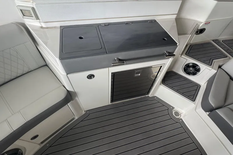  Yacht Photos Pics 2020 Sea Ray SLX 350 interior with sleek seating and modern amenities.