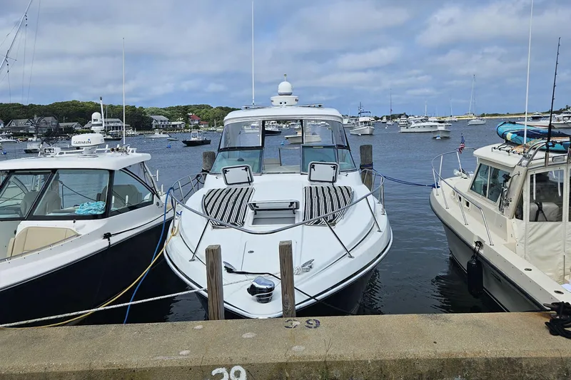 Sea Wolf Yacht Photos Pics 2010 Formula 34 Performance Cruiser docked between boats in a scenic harbor.