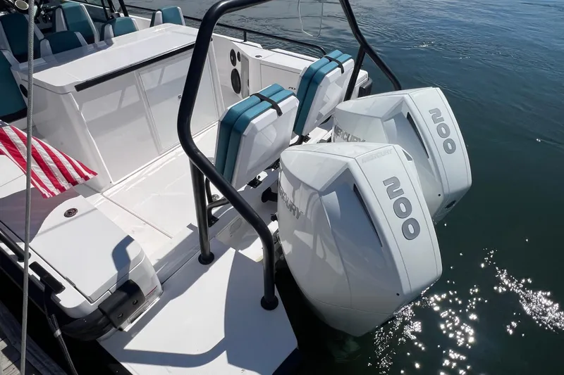  Yacht Photos Pics Axopar 28 boat, 2021 model, with twin 200 horsepower Mercury outboard engines.