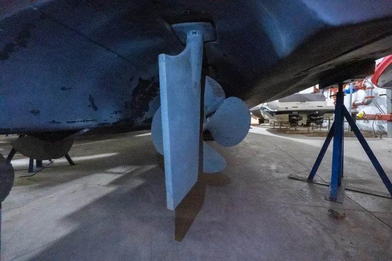 This Is Dope Yacht Photos Pics Propeller and rudder of a 2005 Formula 40 Cruiser in a boatyard.