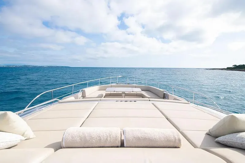  Yacht Photos Pics Luxurious 2021 Pershing 9X yacht deck with ocean view and plush seating.