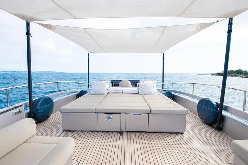  Yacht Photos Pics Luxurious 2021 Pershing 9X yacht deck with sunbed and ocean view.