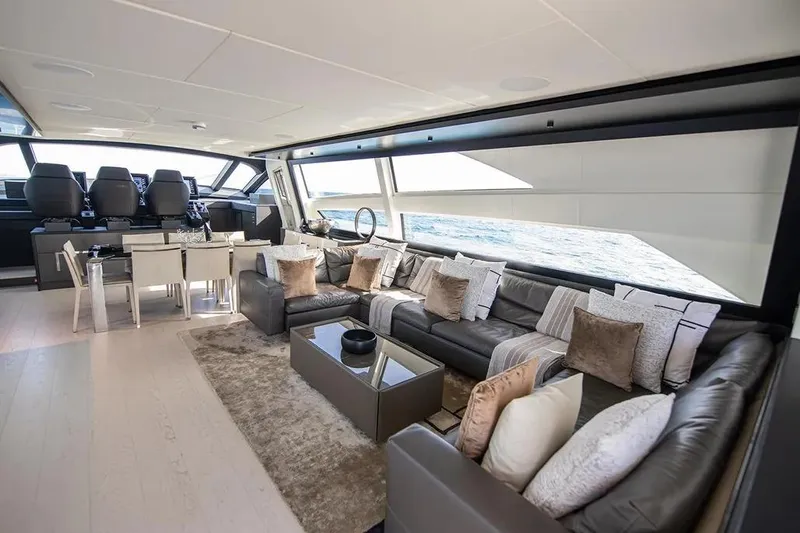  Yacht Photos Pics Luxurious interior of 2021 Pershing 9X yacht with elegant seating and ocean view.
