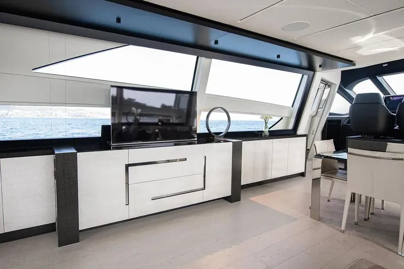 Yacht Photos Pics Luxurious interior of 2021 Pershing 9X yacht with modern design and panoramic windows.