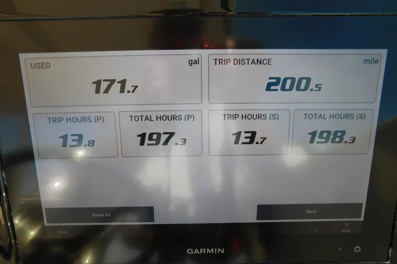  Yacht Photos Pics Display screen showing trip data for 2024 Pursuit DC 326 Dual Console boat.