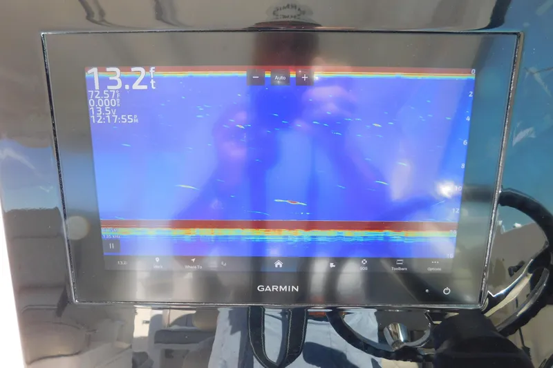  Yacht Photos Pics Garmin display on 2024 Pursuit DC 326 Dual Console showing sonar data.