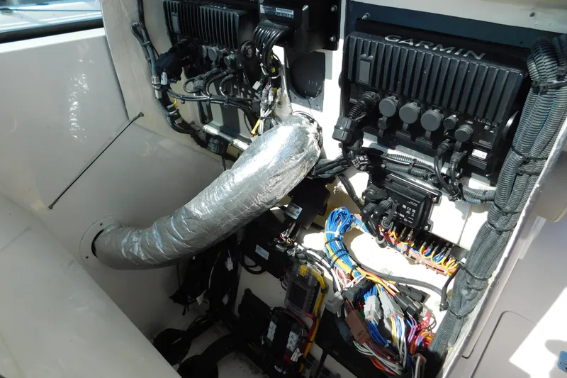  Yacht Photos Pics 2024 Pursuit DC 326 Dual Console boat electronics and wiring setup with Garmin equipment.