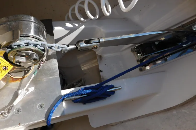  Yacht Photos Pics 2024 Pursuit DC 326 Dual Console anchor system with chain and blue rope.