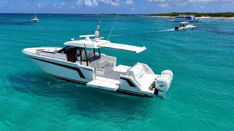  Yacht Photos Pics 2020 Ocean Alexander 45 Divergence Sport yacht on turquoise waters, clear sky background.