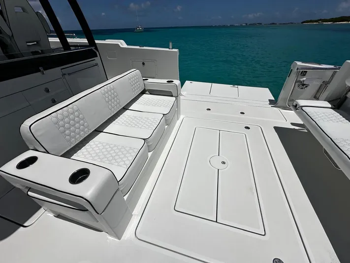 Yacht Photos Pics 2020 Ocean Alexander 45 Divergence Sport yacht interior with white seating and ocean view.
