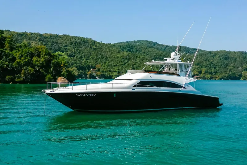 Mare Blu Yacht Photos Pics Luxury 2008 Pro Boat Yachts Power Cat 80 on serene water, surrounded by lush greenery.