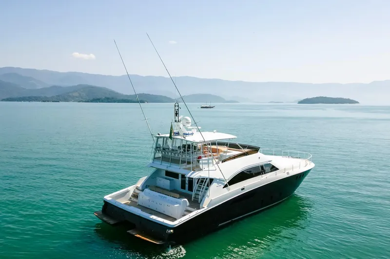 Mare Blu Yacht Photos Pics Luxury 2008 Pro Boat Yachts Power Cat 80 cruising on serene waters.