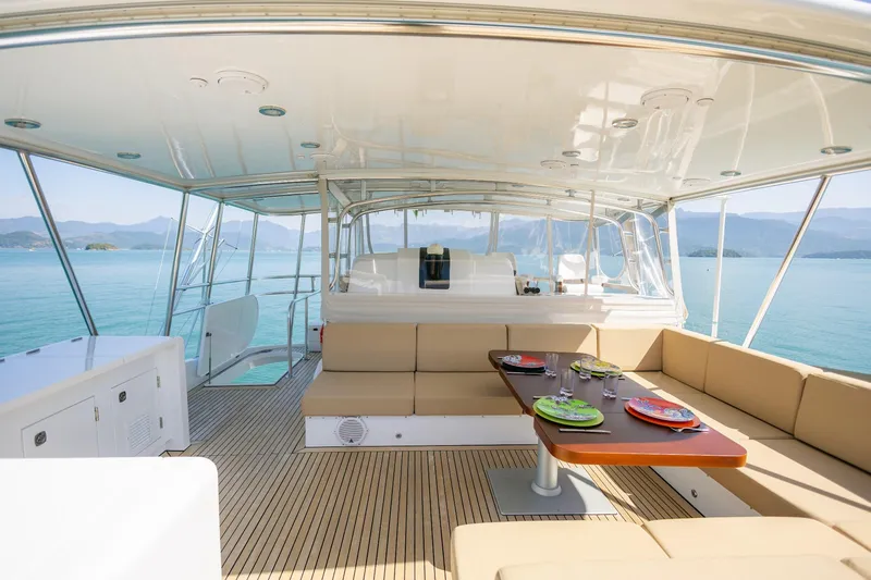 Mare Blu Yacht Photos Pics Luxurious 2008 Pro Boat Yachts Power Cat 80 interior with elegant seating and ocean view.