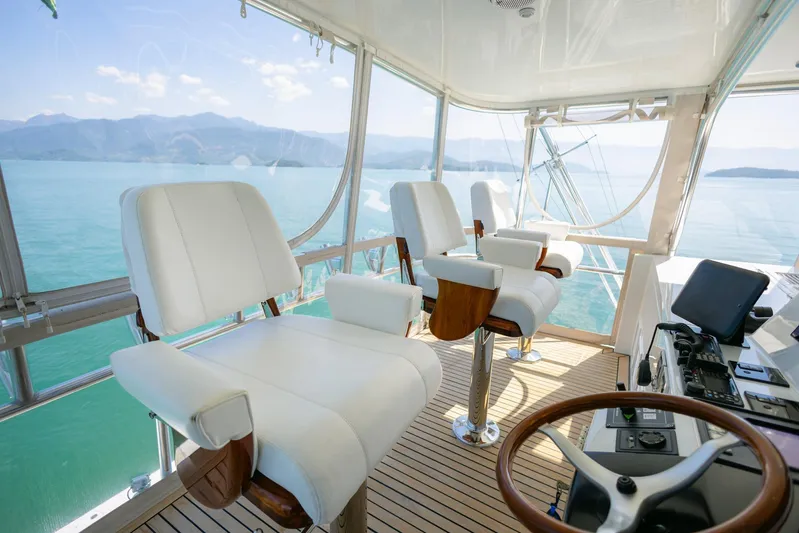 Mare Blu Yacht Photos Pics Luxurious helm of 2008 Pro Boat Yachts Power Cat 80 with panoramic ocean views.