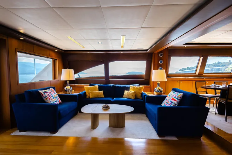 Mare Blu Yacht Photos Pics Luxurious 2008 Pro Boat Yachts Power Cat 80 interior with elegant seating and scenic views.