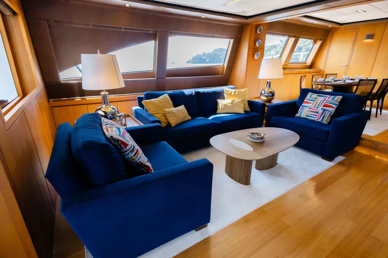 Mare Blu Yacht Photos Pics Luxurious interior of 2008 Pro Boat Yachts Power Cat 80 with blue sofas and elegant decor.