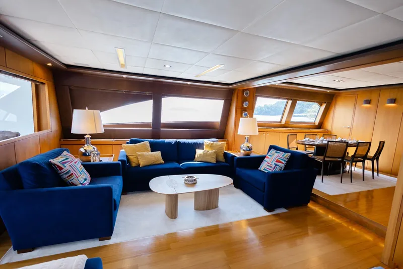 Mare Blu Yacht Photos Pics Luxurious interior of 2008 Pro Boat Yachts Power Cat 80 with elegant seating and dining area.