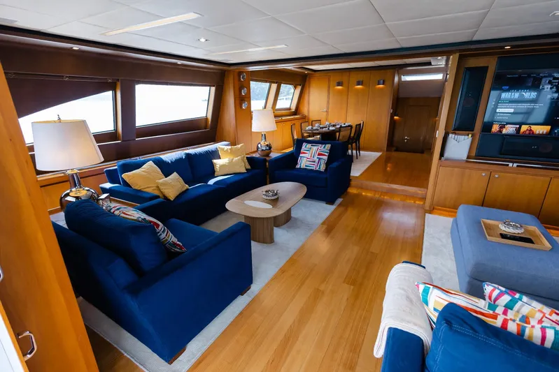 Mare Blu Yacht Photos Pics Luxurious interior of 2008 Pro Boat Yachts Power Cat 80 with blue sofas and wooden accents.