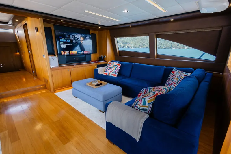 Mare Blu Yacht Photos Pics Luxurious interior of 2008 Pro Boat Yachts Power Cat 80 with blue sofa and large TV.