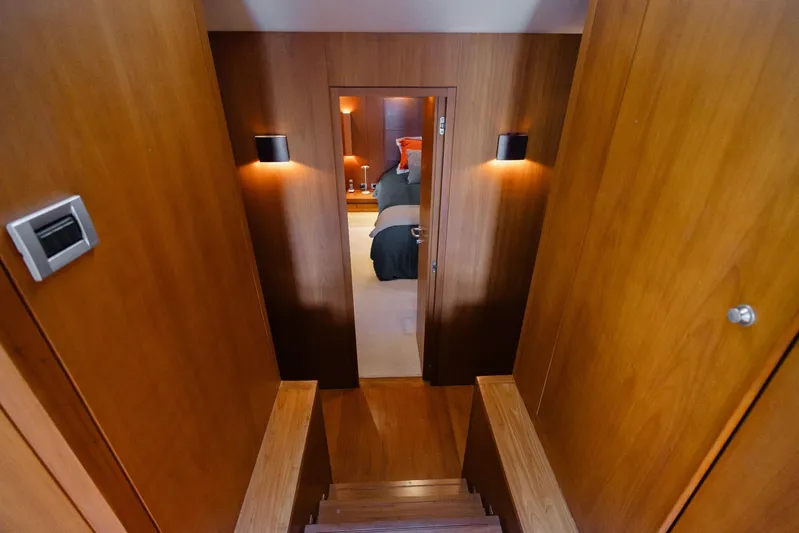 Mare Blu Yacht Photos Pics Interior of 2008 Pro Boat Yachts Power Cat 80, featuring wooden walls and cozy lighting.