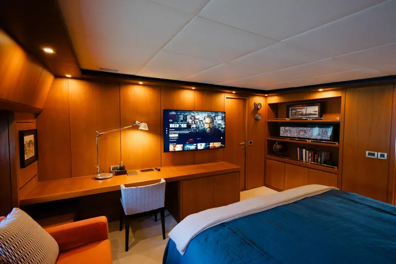 Mare Blu Yacht Photos Pics Luxurious cabin interior of 2008 Pro Boat Yachts Power Cat 80 with modern amenities.