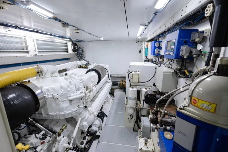 Mare Blu Yacht Photos Pics Engine room of 2008 Pro Boat Yachts Power Cat 80, featuring advanced machinery and equipment.