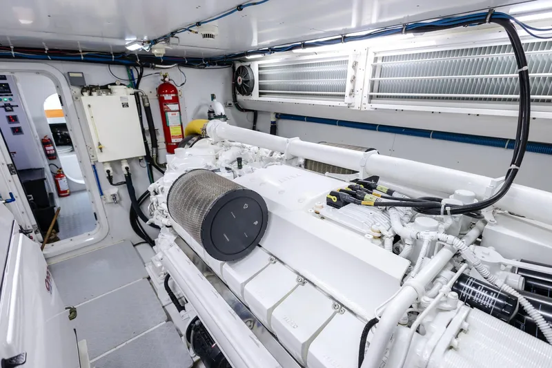 Mare Blu Yacht Photos Pics Engine room of 2008 Pro Boat Yachts Power Cat 80, featuring advanced machinery and safety equipment.