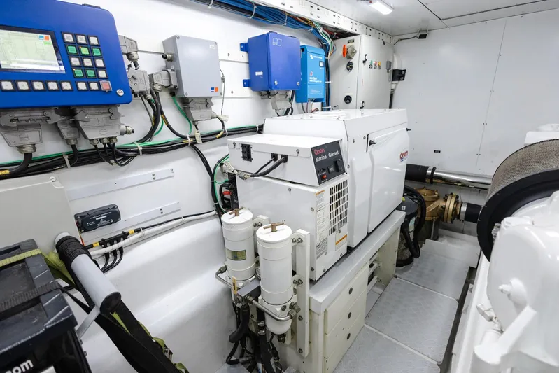 Mare Blu Yacht Photos Pics Engine room of 2008 Pro Boat Yachts Power Cat 80 with Onan marine generator.