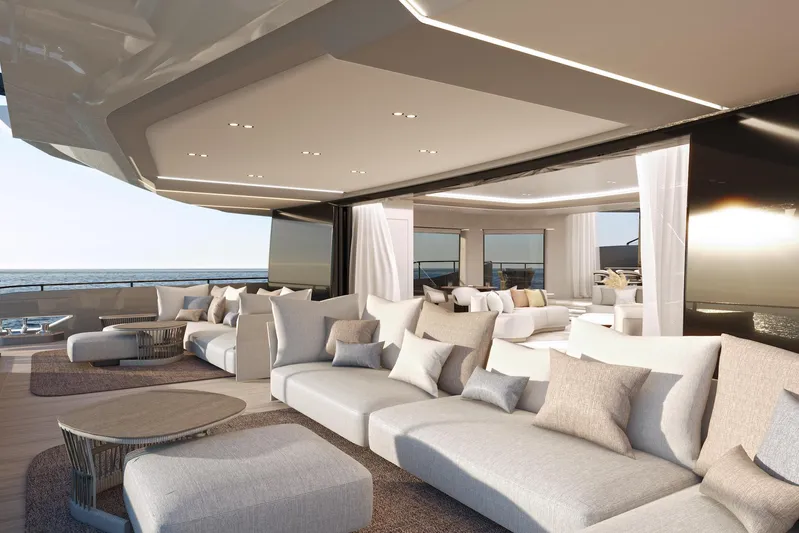X30 Villa Yacht Photos Pics Luxurious interior of the 2026 Extra X30 VILLA yacht with modern seating and ocean view.